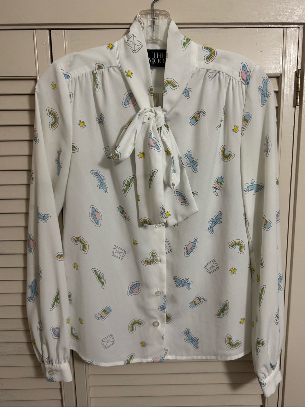 The Moon White Printed Tie-Neck Button Down bow tie Blouse